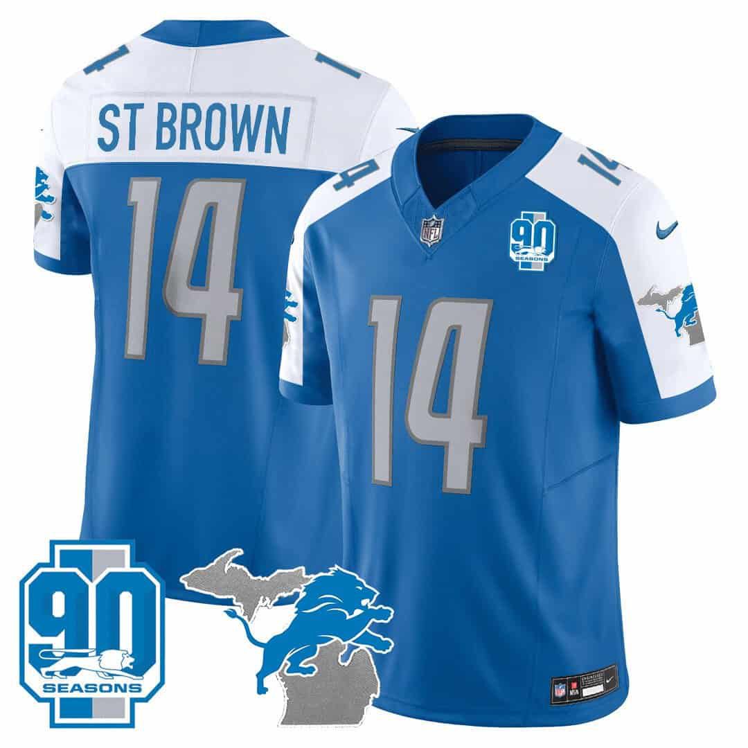 Men Detroit Lions #14 ST Brown Blue 2024 Nike 90th Year Michigan Patch Vapor NFL Jersey